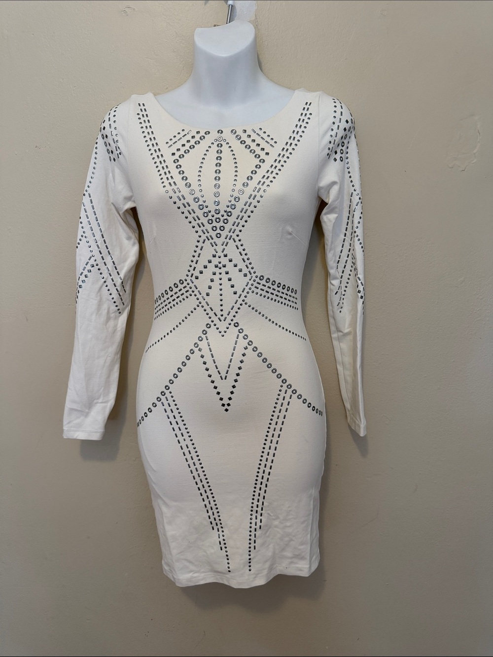 bebe White Long-Sleeve Studded Bodycon Dress